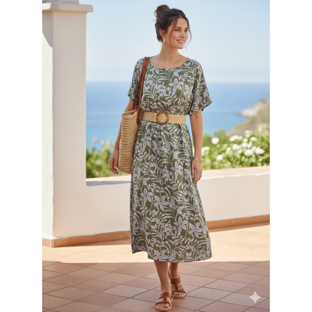 Voyageur by MERSEA 100% Linen Midi Dress L Green Purple‎ Floral Coastal Vacation